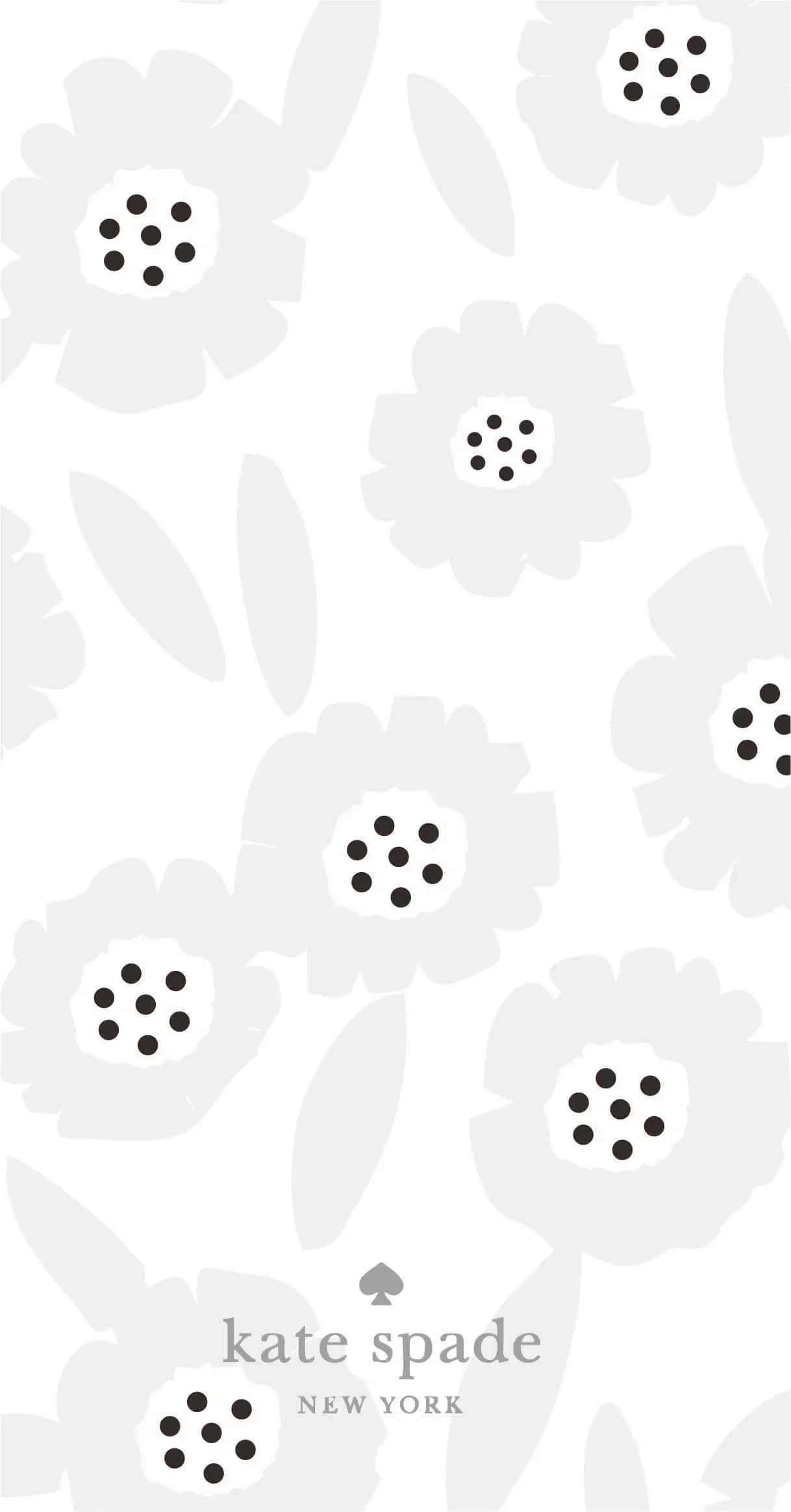 Kate Spade 桌布 壁紙 — 簡約風格桌布，白色背景上帶有風格化的灰色花朵和黑色圓點，並有 kate spade 標誌。