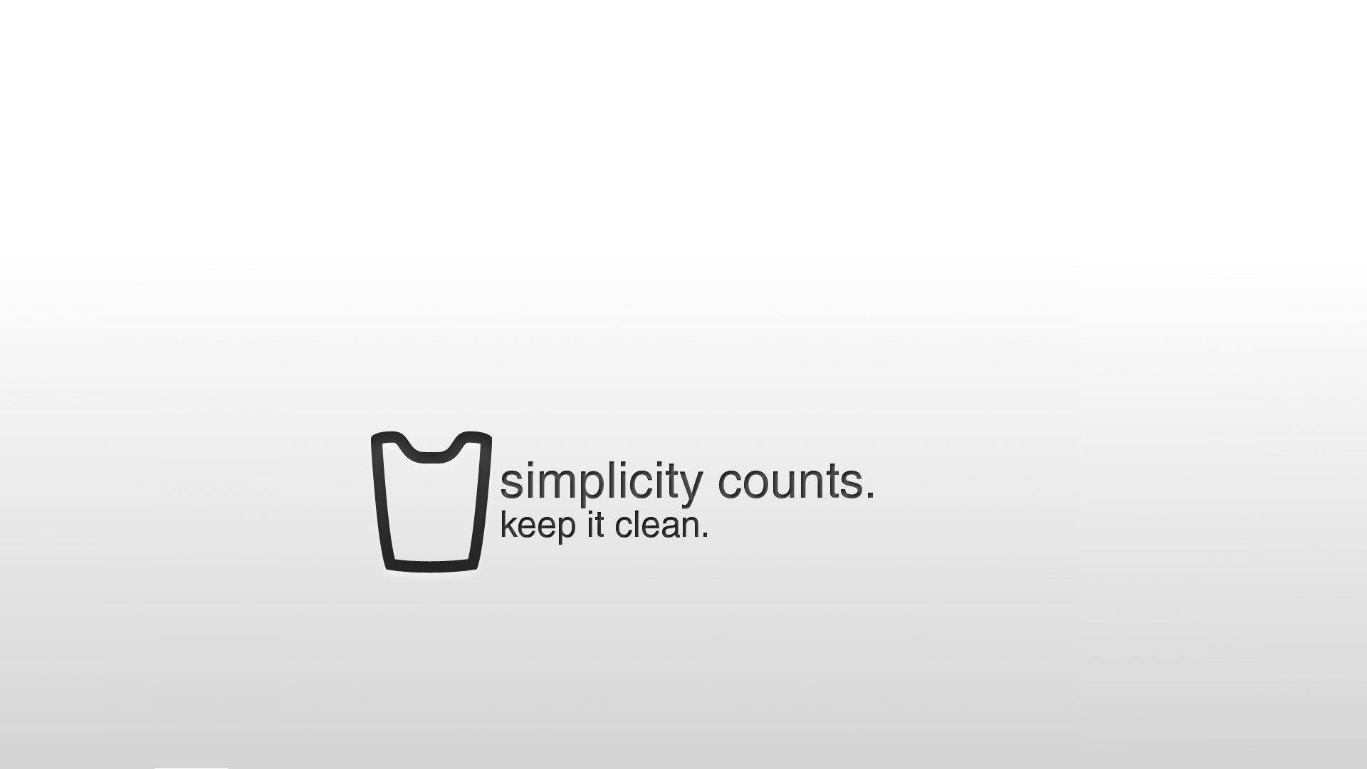 簡約白色美學 桌布 壁紙 — 簡約風格標誌，包含洗衣圖示和文字 simplicity counts keep it clean，背景為漸層灰色。