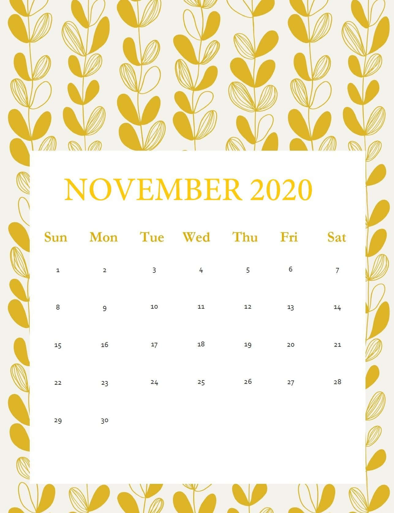 Calendar 桌布 壁紙 — 簡約風格的2020年11月月曆，奶油色背景上帶有金色葉片圖案。