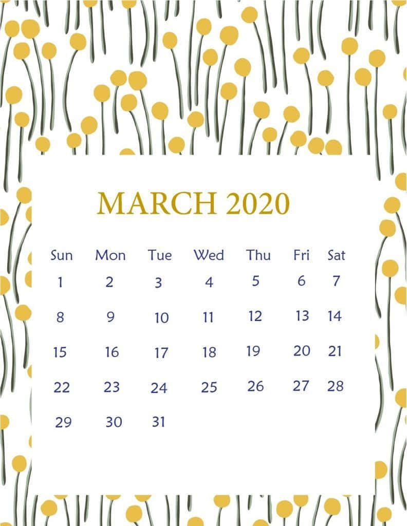 March 桌布 壁紙 — 簡約風格的2020年3月月曆，以風格化的黃色蒲公英插圖框在潔白背景上。