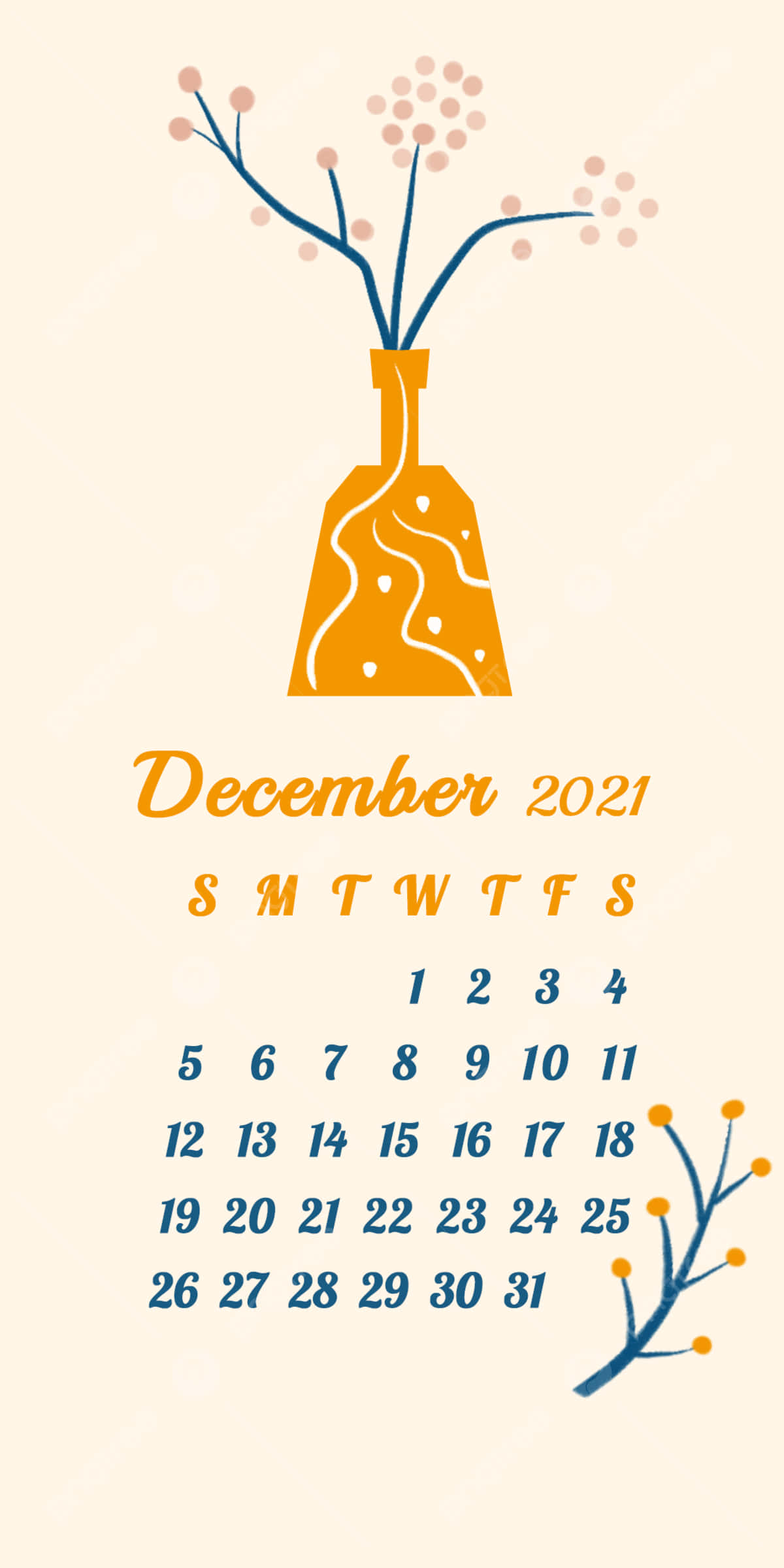 Cute December 桌布 壁紙 — 簡約風格的2021年12月月曆，以一個風格化的橙色花瓶和精緻的樹枝為特色，背景是柔和的奶油色。
