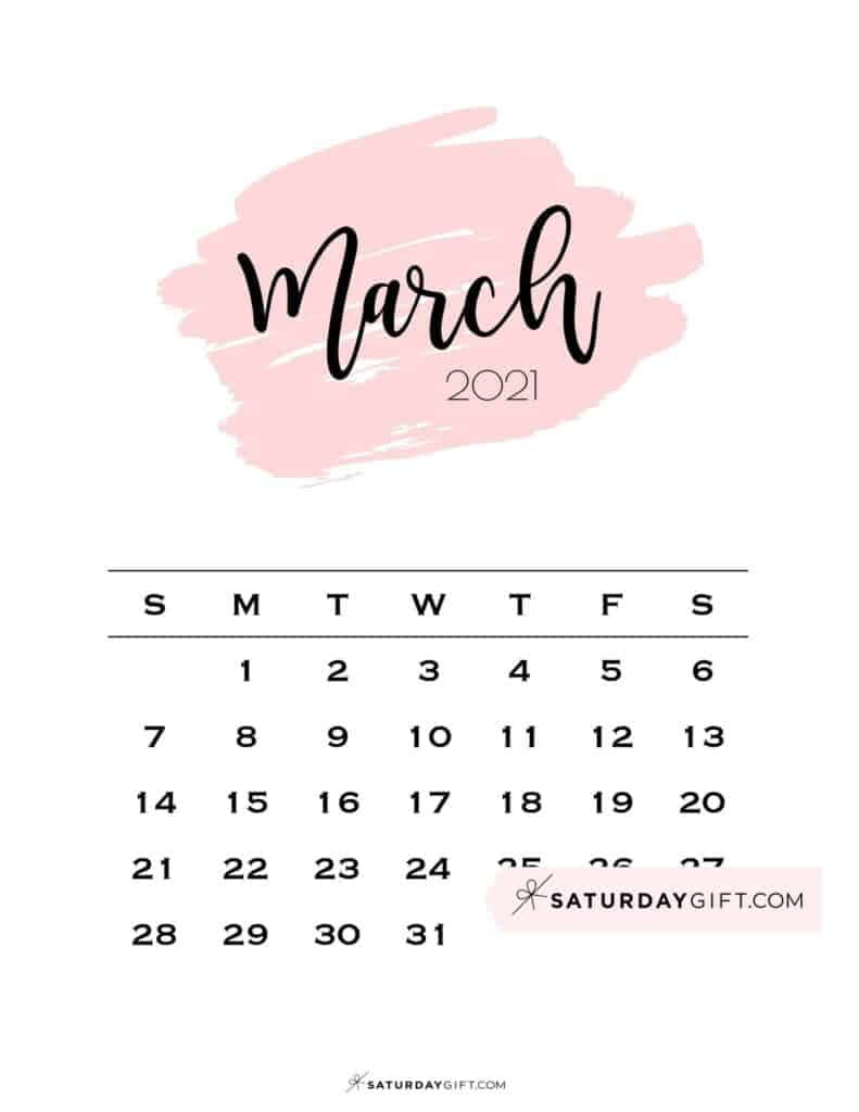 Cute March 桌布 壁紙 — 簡約風格的2021年3月日曆，白色背景上帶有柔和粉紅色水彩潑濺和黑色手寫文字。
