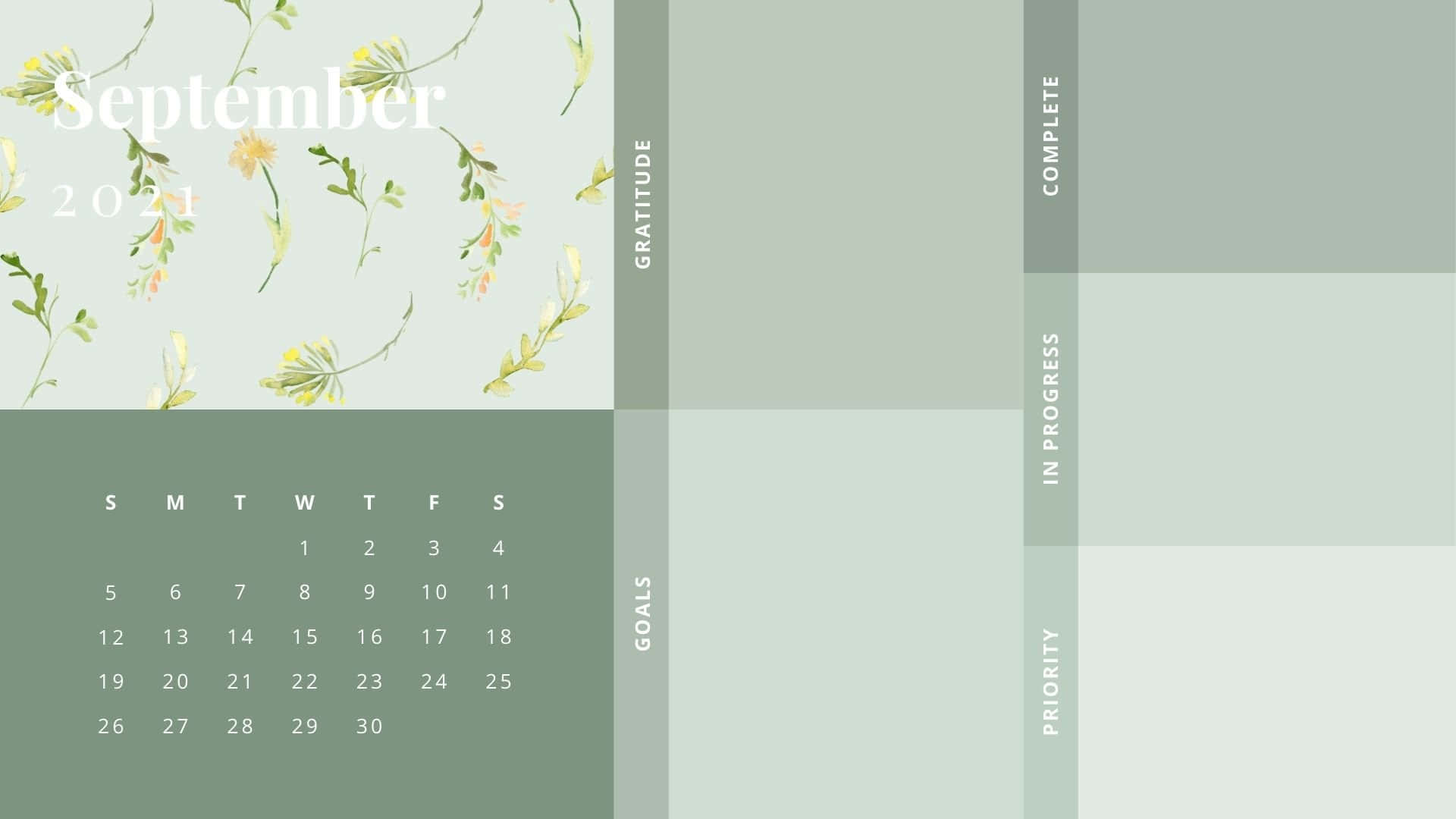 September 桌布 壁紙 — 簡約風格的2021年9月日曆，帶有花卉點綴和任務欄，採用柔和綠色調。