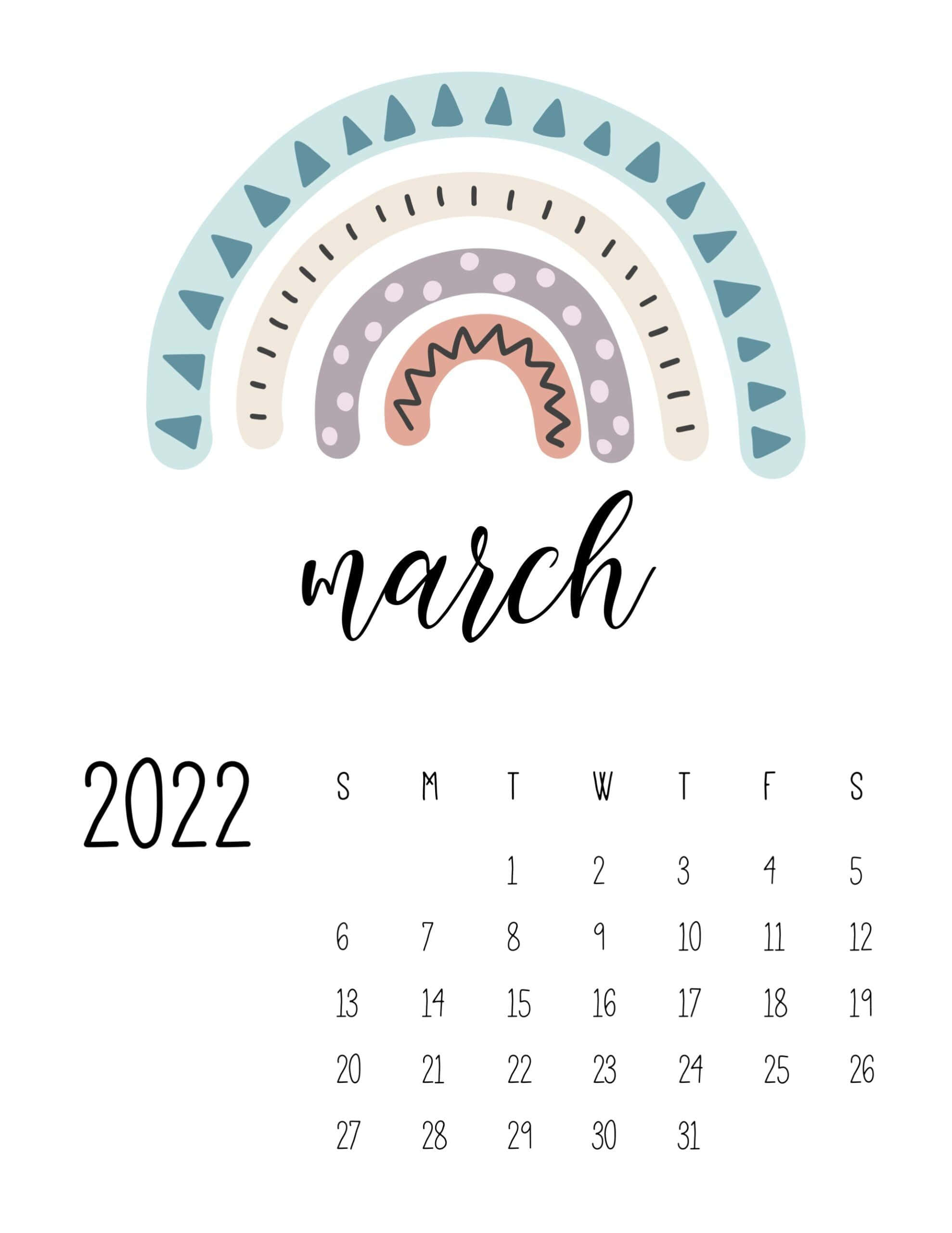 March 桌布 壁紙 — 簡約風格的2022年3月月曆，月份名稱上方有風格化的彩虹，背景為純白。