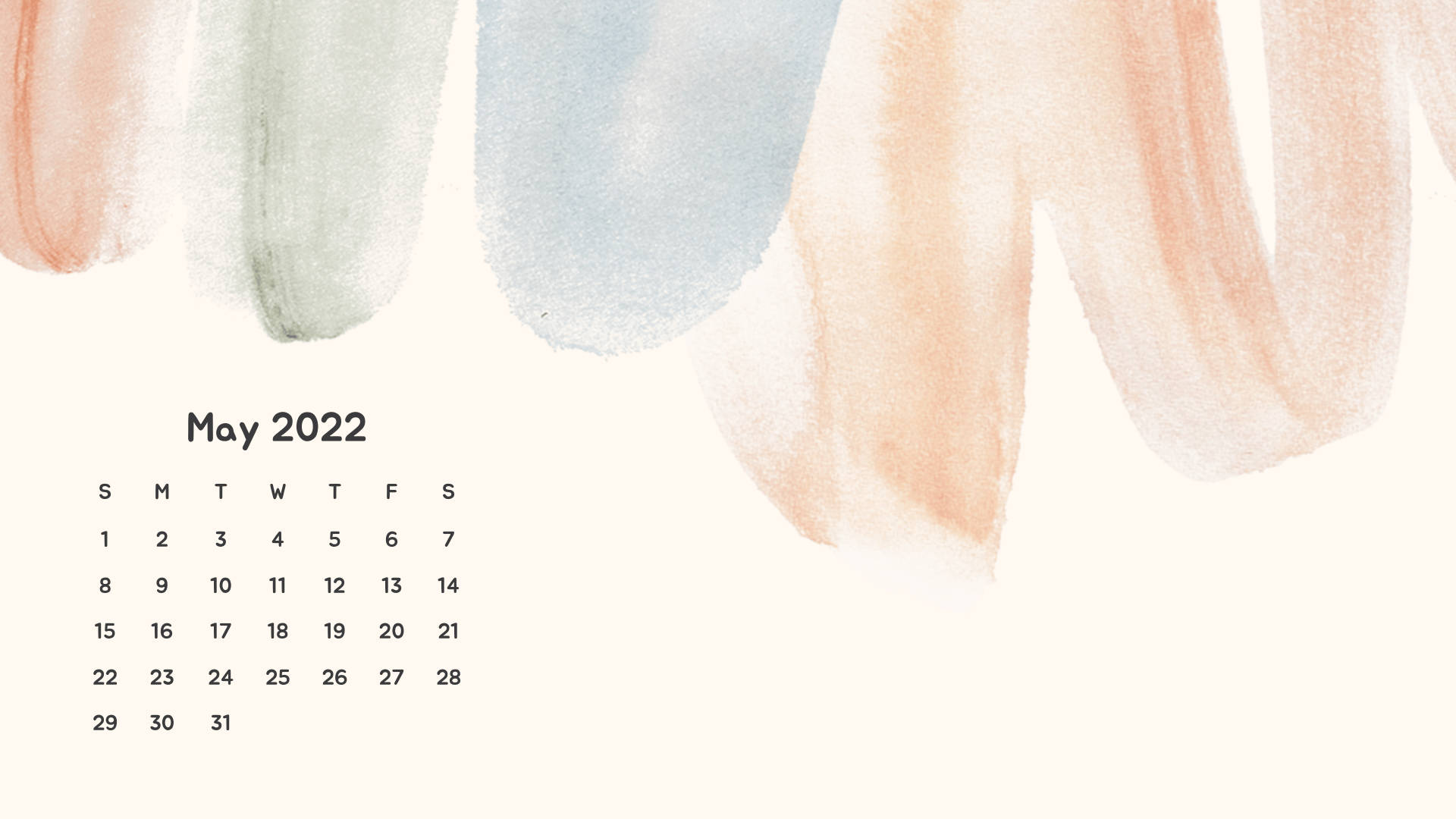 Calendar 桌布 壁紙 — 簡約風格的2022年5月月曆，帶有柔和的水彩筆觸，色調為蜜桃、薄荷和奶油色。