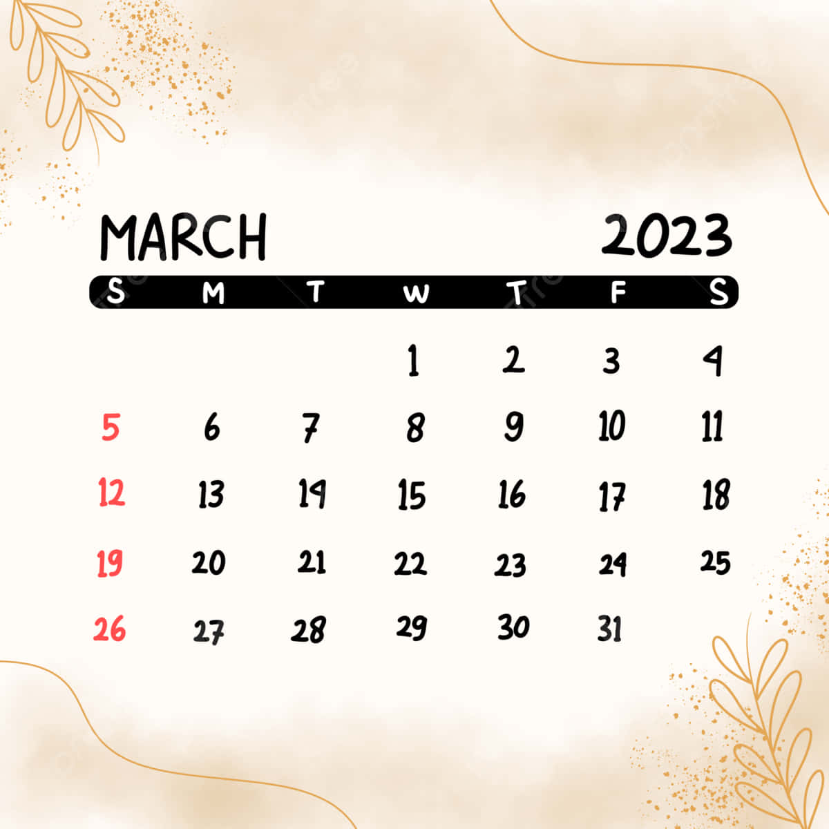 March 桌布 壁紙 — 簡約風格的2023年3月日曆，帶有金箔點綴和紅色星期日，背景為奶油色。