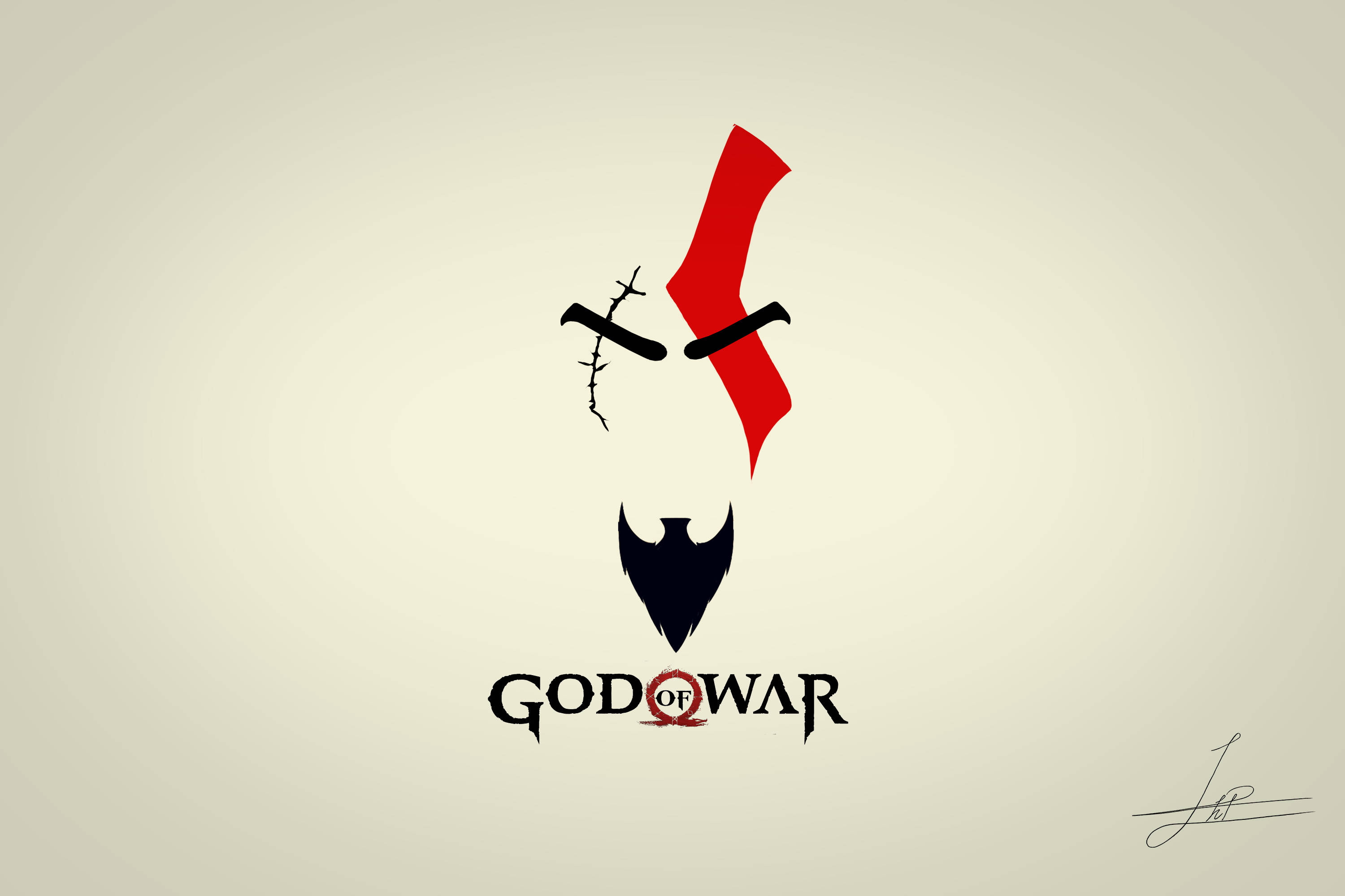 戰神 桌布 壁紙 — 簡約風格的God of War標誌，以交叉刀刃和鬍鬚為特色，背景為米色。