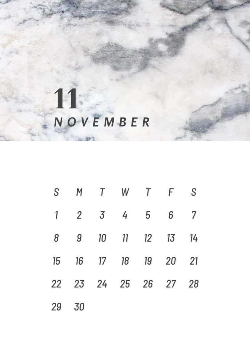 Calendar 桌布 壁紙 — 簡約風格的十一月日曆，在白灰大理石背景上採用清晰字體。