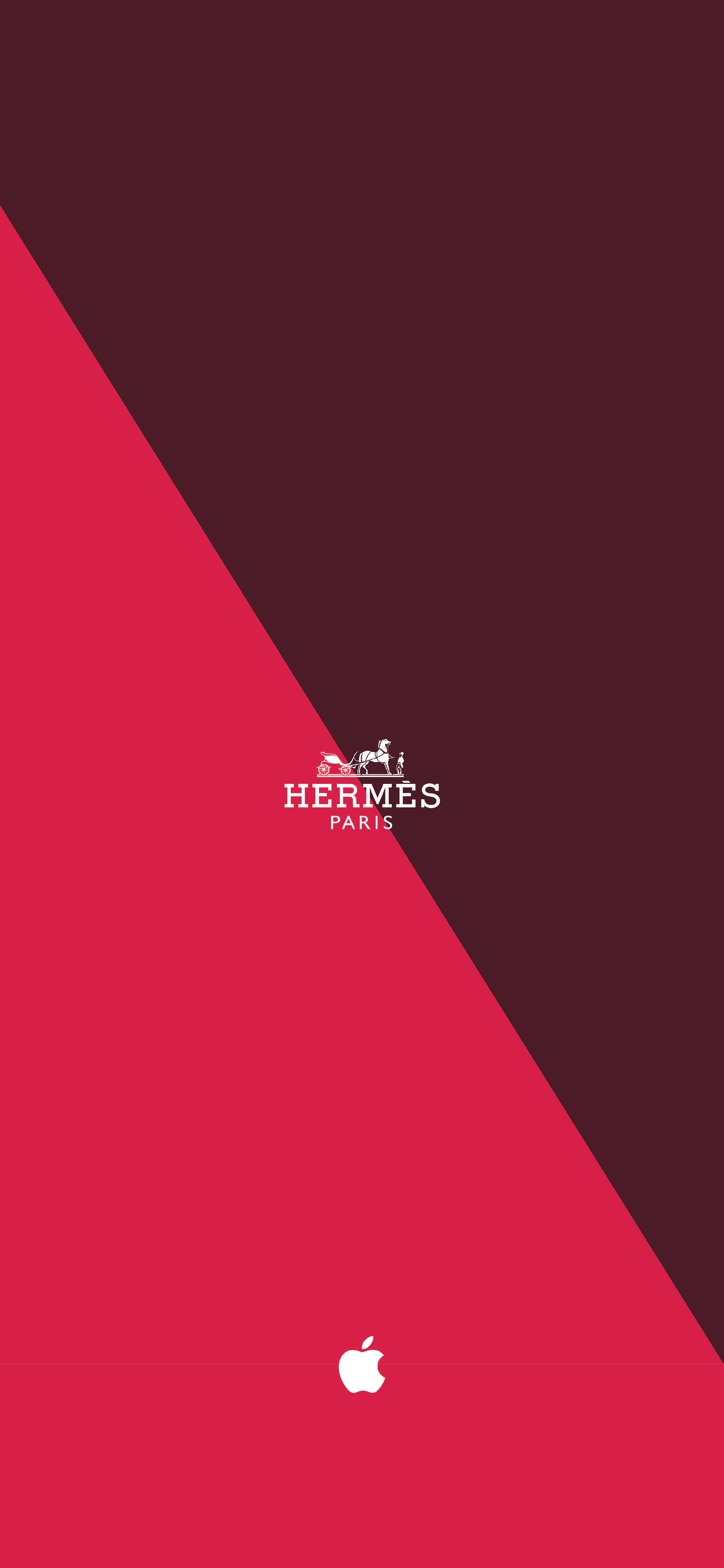 Hermes 桌布 壁紙 — 簡約風格的桌布，採用大膽的紅色和酒紅色對角分割，並帶有白色 Hermès 和 Apple 標誌。