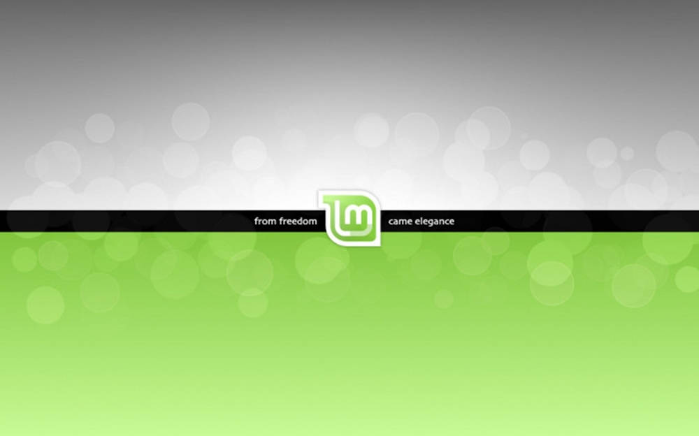 Linux 桌布 壁紙 — 簡約風格的桌布，採用綠色和灰色漸變背景，帶有柔和散景圓圈，中央有黑色橫幅，包含文字和標誌。