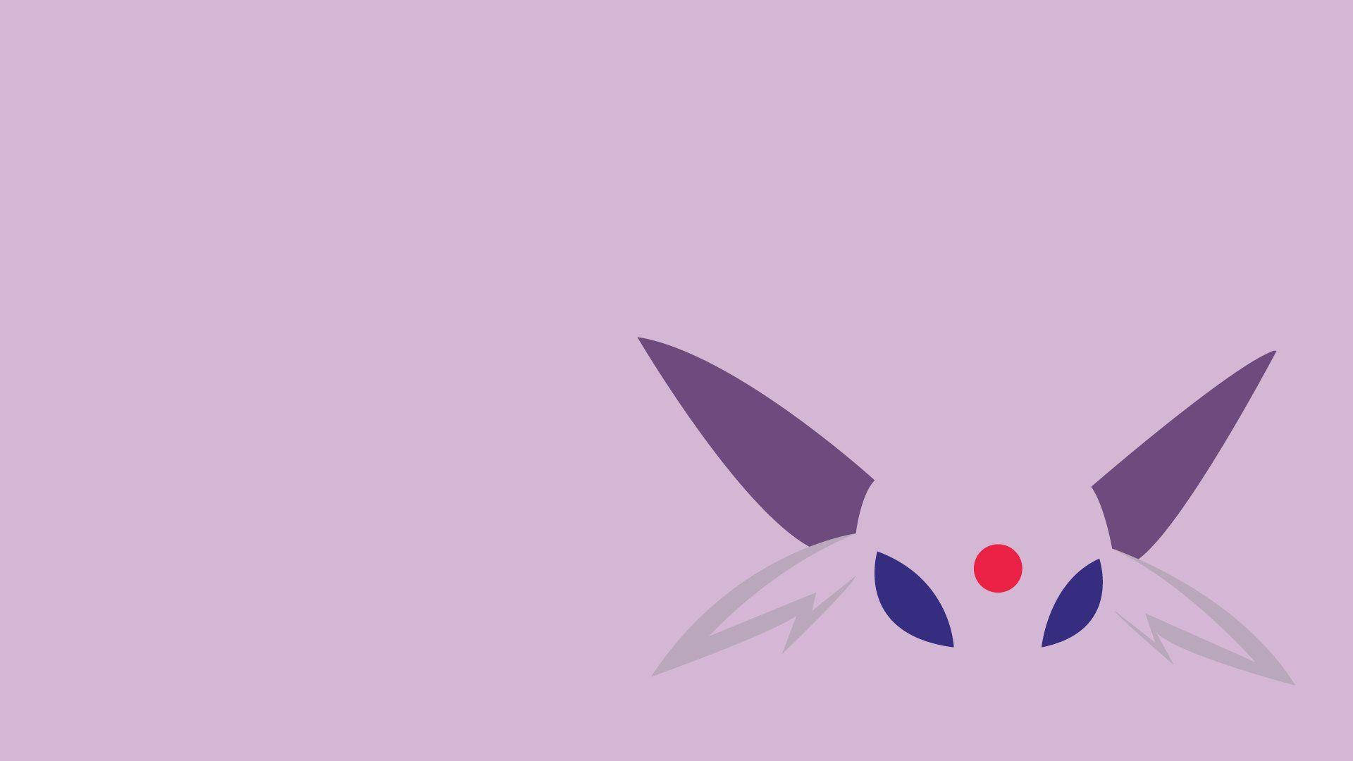 espeon 桌布 壁紙 — 簡約風格的紫色寶可夢臉部，帶有尖耳朵、紅點和藍色眼睛，背景為柔和的薰衣草色。