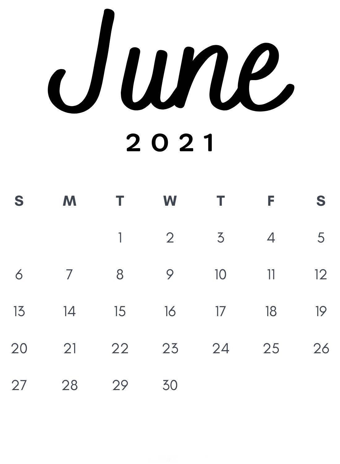 月曆 桌布 壁紙 — 簡約黑白2021年6月日曆，優雅草書月份標題和整潔網格佈局。