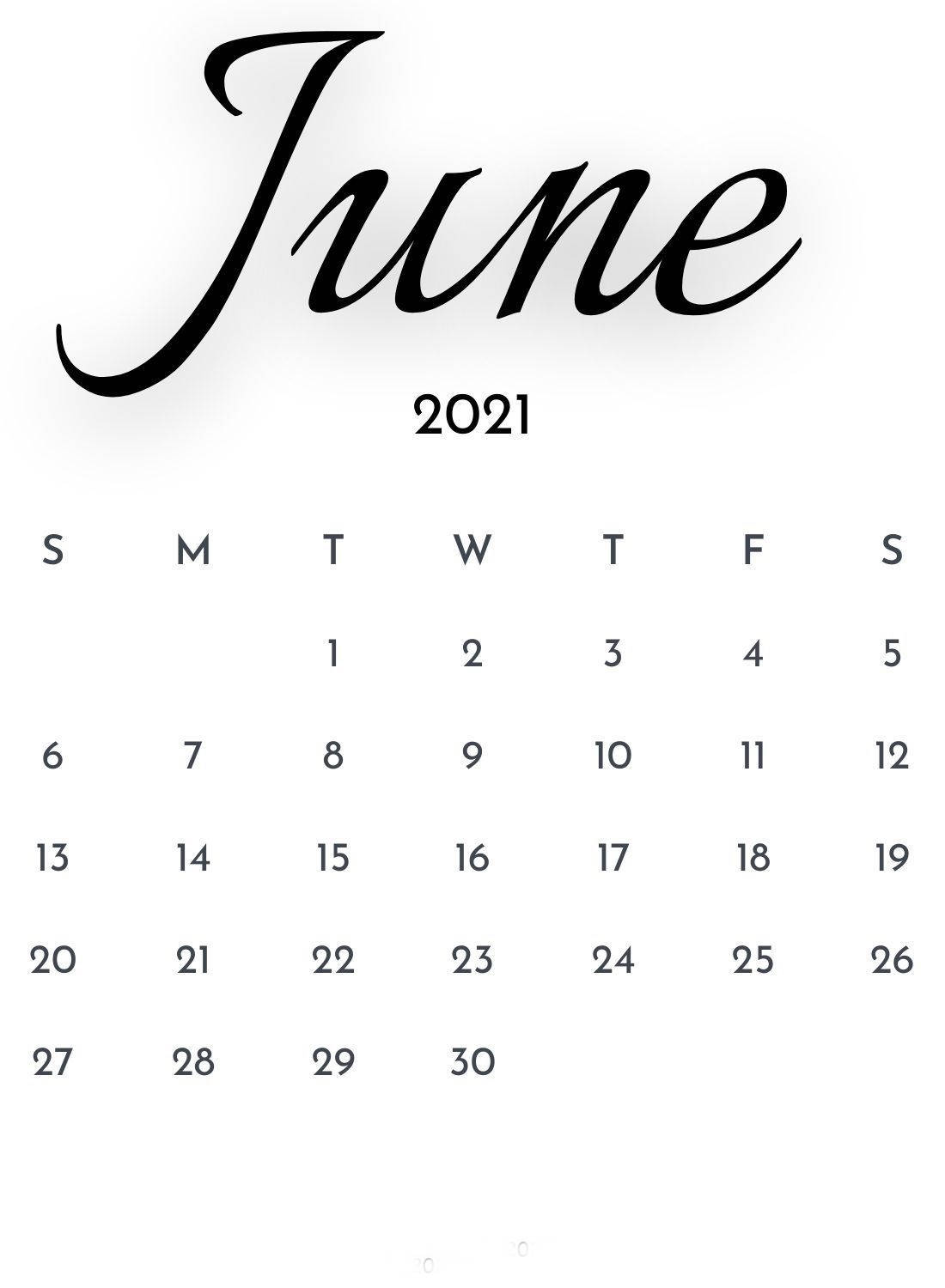 June 桌布 壁紙 — 簡約黑白2021年6月月曆，配有優雅草書標題和簡潔網格佈局。