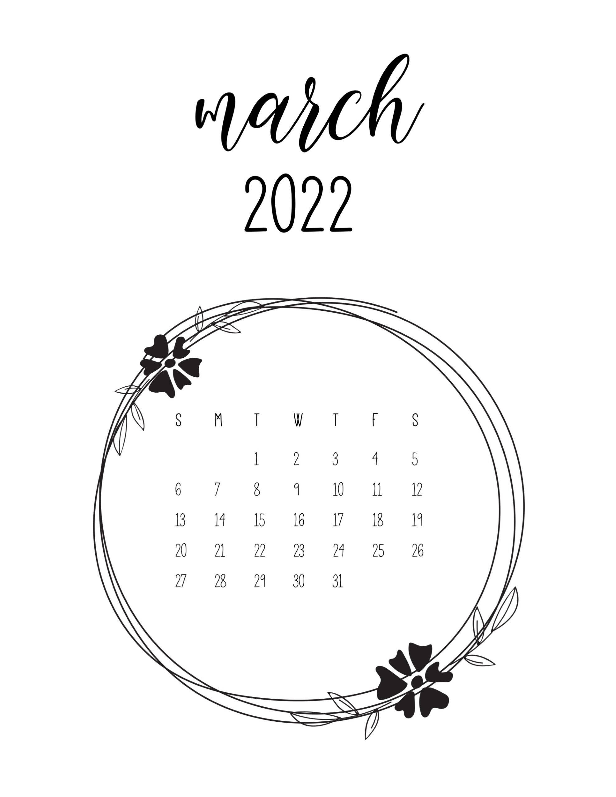 March 桌布 壁紙 — 簡約黑白2022年3月日曆，以精緻花環框住，花環上有兩朵花。