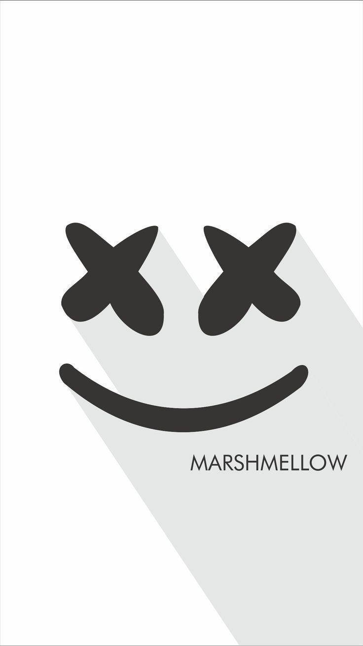 Marshmallow Dj 桌布 壁紙 — 簡約黑白圖形，一個笑臉，眼睛為X形，帶有長長的陰影，背景為純白色。