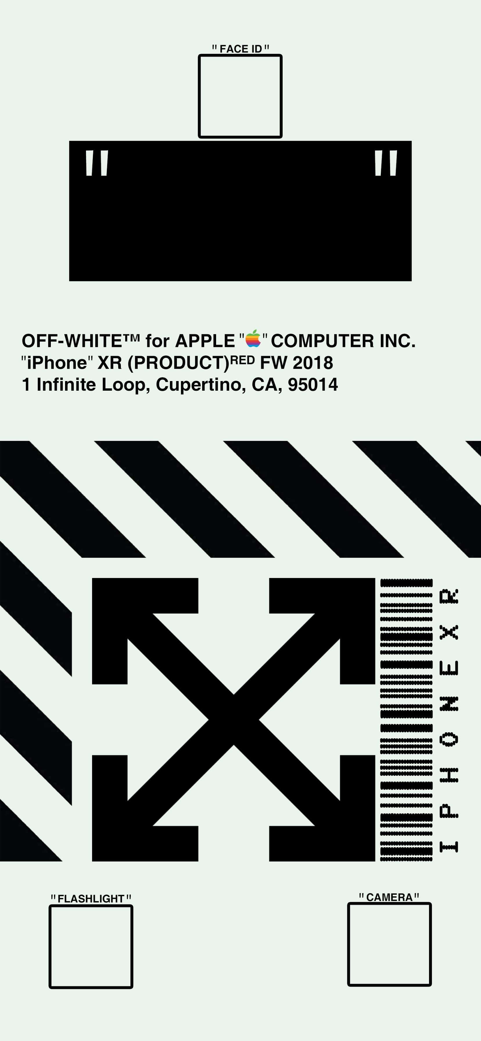 Off White 桌布 壁紙 — 簡約黑白圖形設計，帶有粗體箭頭、條碼和模仿 iPhone XR 包裝盒的文字。
