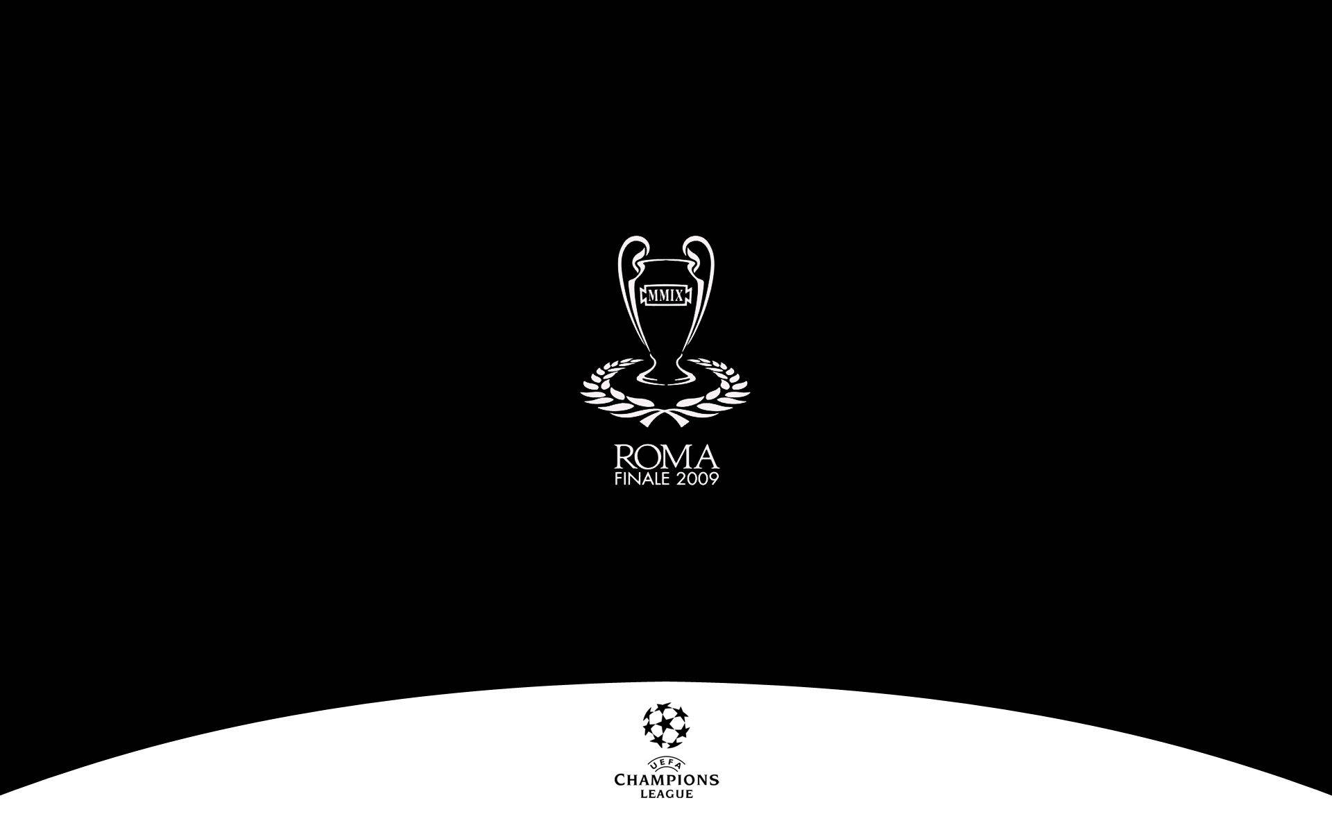 Uefa 桌布 壁紙 — 簡約黑白桌布，UEFA歐冠獎盃標誌居中置於「ROMA FINALE 2009」上方，底部有官方聯賽徽章。