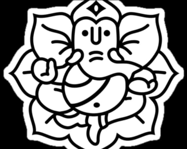 Hindu God 桌布 壁紙 — 簡約黑白線條畫，描繪象神迦尼薩坐在蓮花上，面部特徵簡單，雙手舉起。