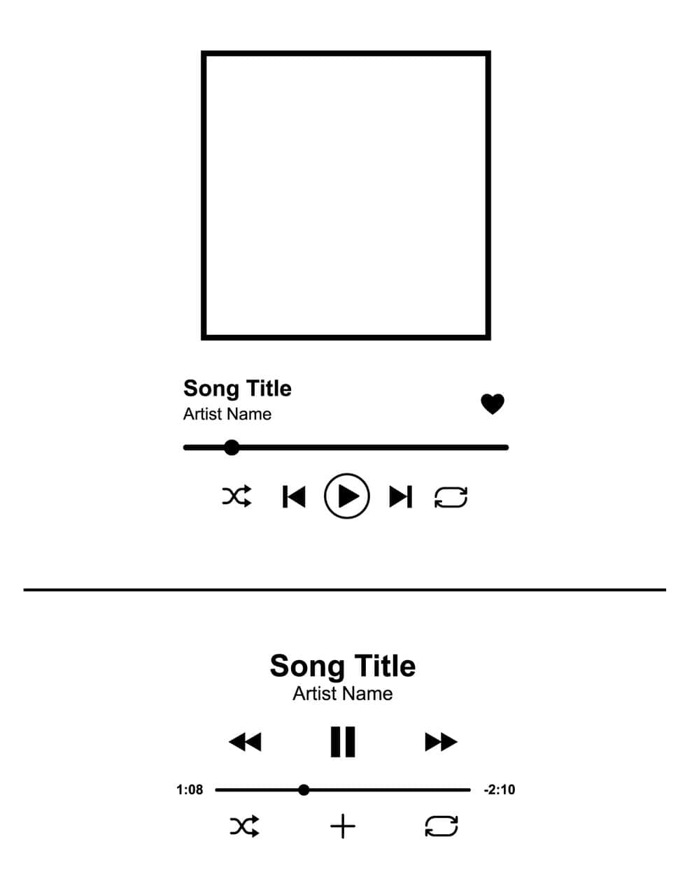 song 桌布 壁紙 — 簡約黑白音樂播放器介面，顯示歌曲名稱、藝術家姓名及播放控制，背景為純白。
