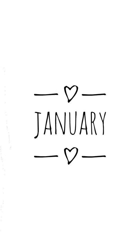 一月 桌布 壁紙 — 簡約黑色手寫文字「January」，以心形圖案圍繞在純白背景上。