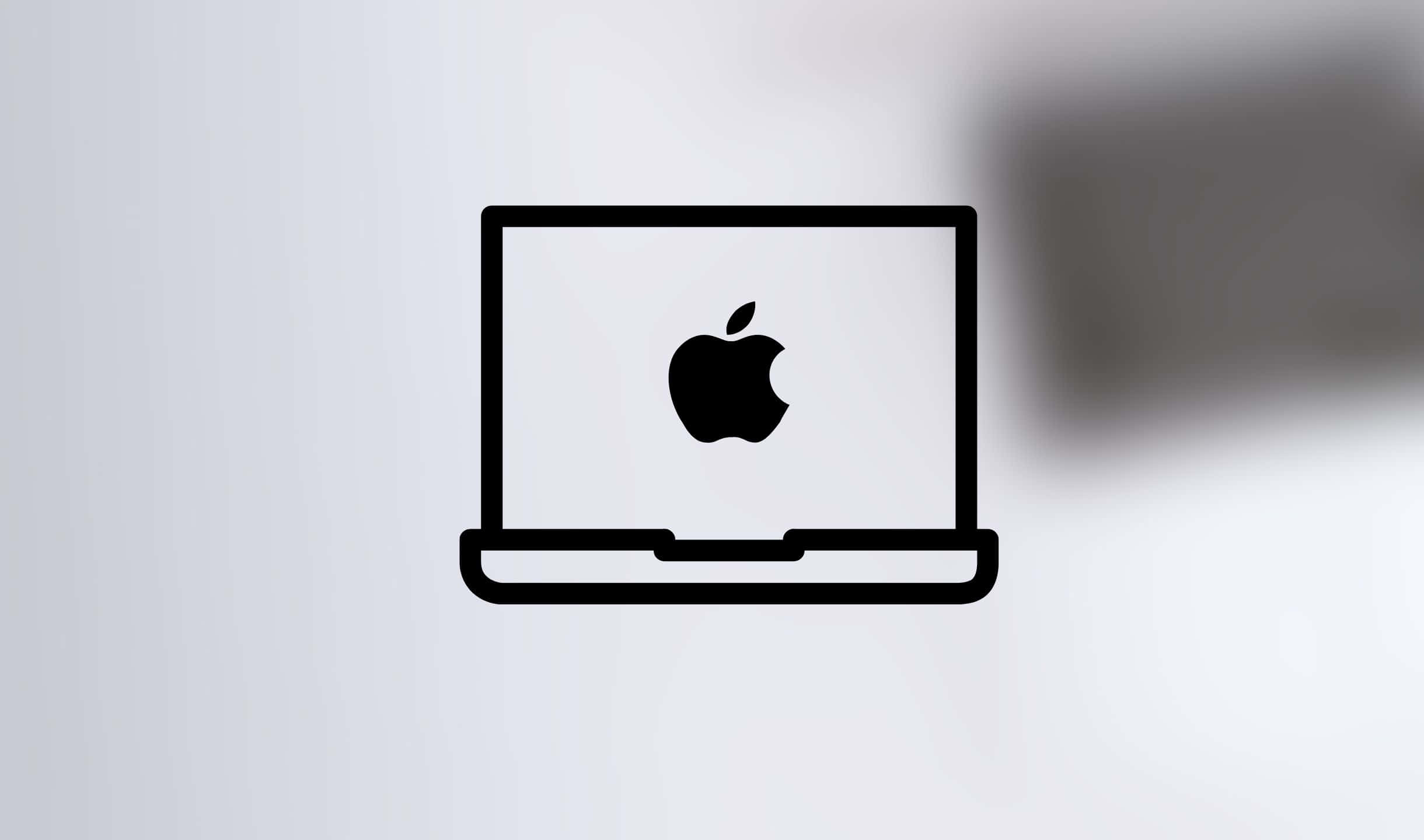 蘋果 桌布 壁紙 — 簡約黑色線條圖示，顯示帶有Apple標誌的筆記型電腦，背景為柔和漸變色。
