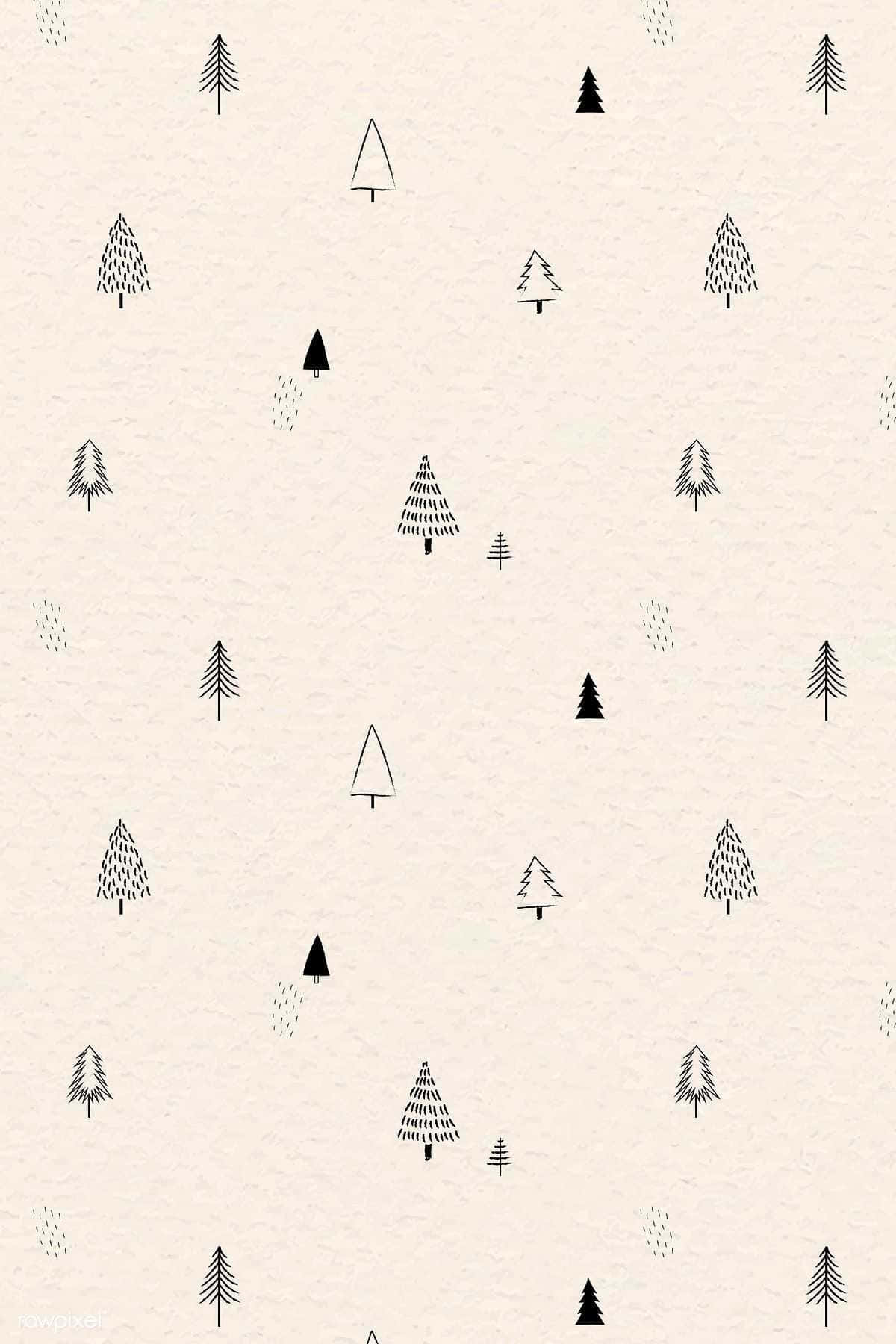 Cute Simple Christmas 桌布 壁紙 — 簡約黑色線條繪畫的松樹散落在有紋理的米色背景上。