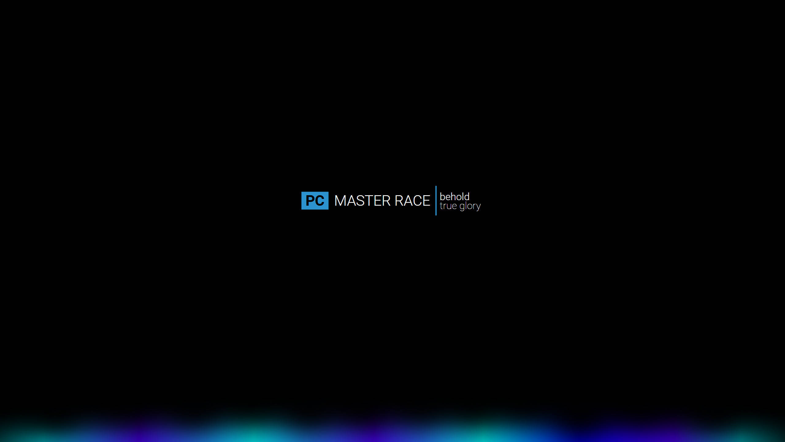 meme 桌布 壁紙 — 簡約黑色背景，上面有「PC MASTER RACE behold true glory」文字，底部有發光的多色漸變條。