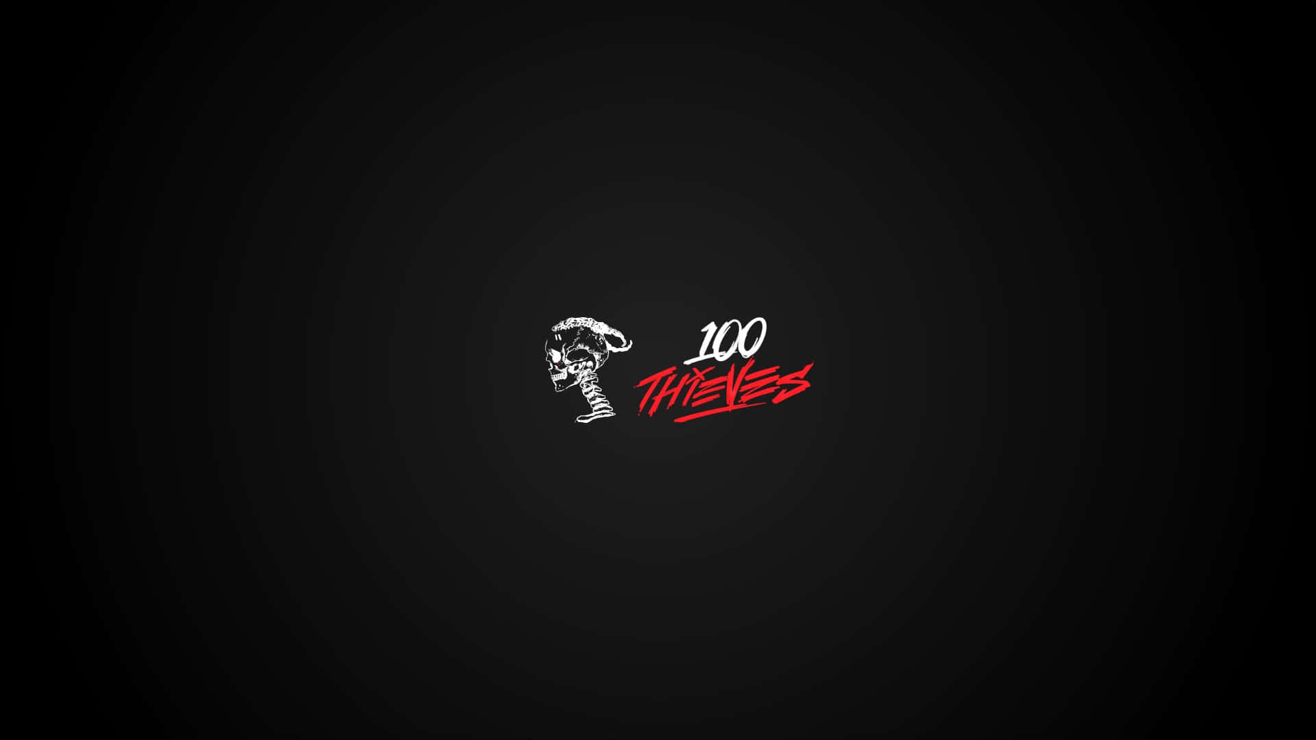 100 Thieves 桌布 壁紙 — 簡約黑色背景，中央有一個白色骷髏標誌和紅色「100 THIEVES」文字。