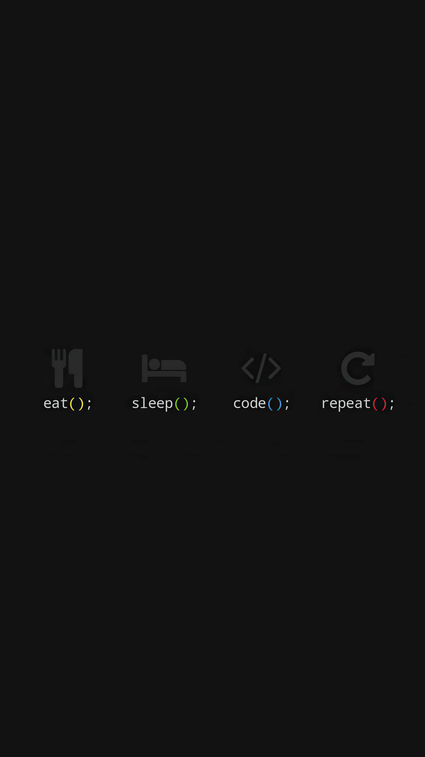 程式碼 桌布 壁紙 — 簡約黑色背景，四個彩色開發者圖示，標有 eat sleep code repeat。