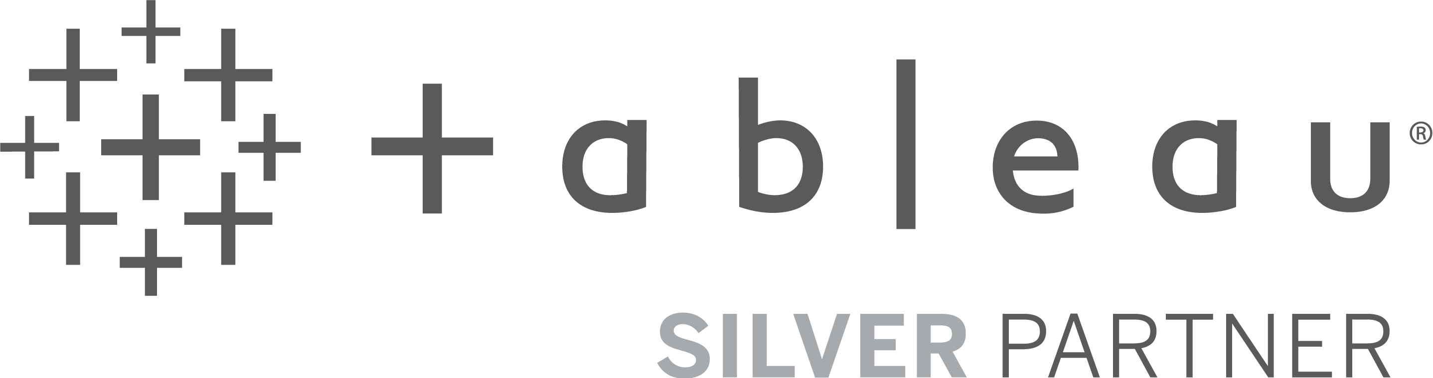 Tableau Logo 桌布 壁紙 — 簡約黑色背景，帶有灰色 Tableau 標誌、一組加號以及粗體白色文字「SILVER PARTNER」。