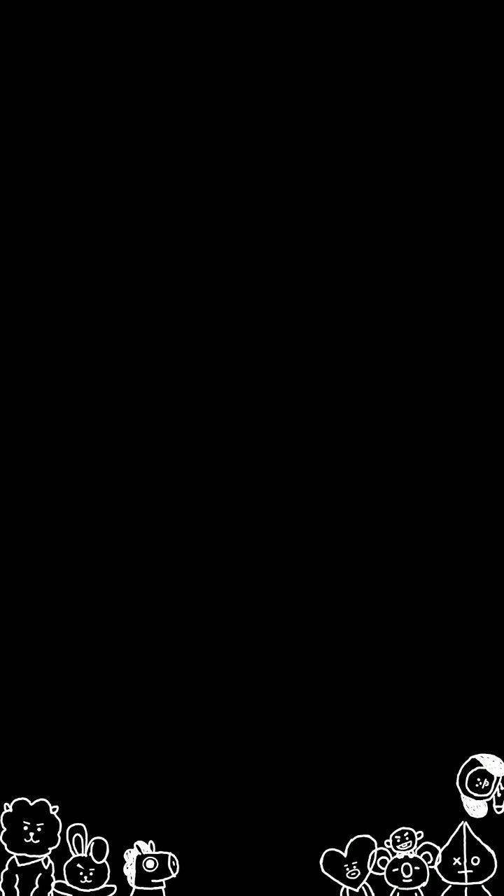 Bts Black 桌布 壁紙 — 簡約黑色背景，底部角落有白色線條卡通人物。