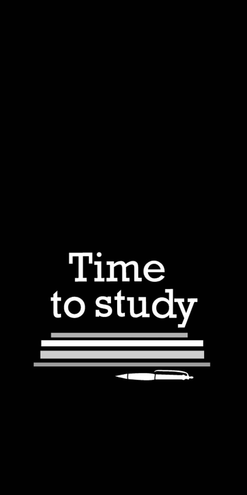 高畫質手機 桌布 壁紙 — 簡約黑色背景，白色文字寫著「Time to study」，下方是疊起的書本和一支筆。