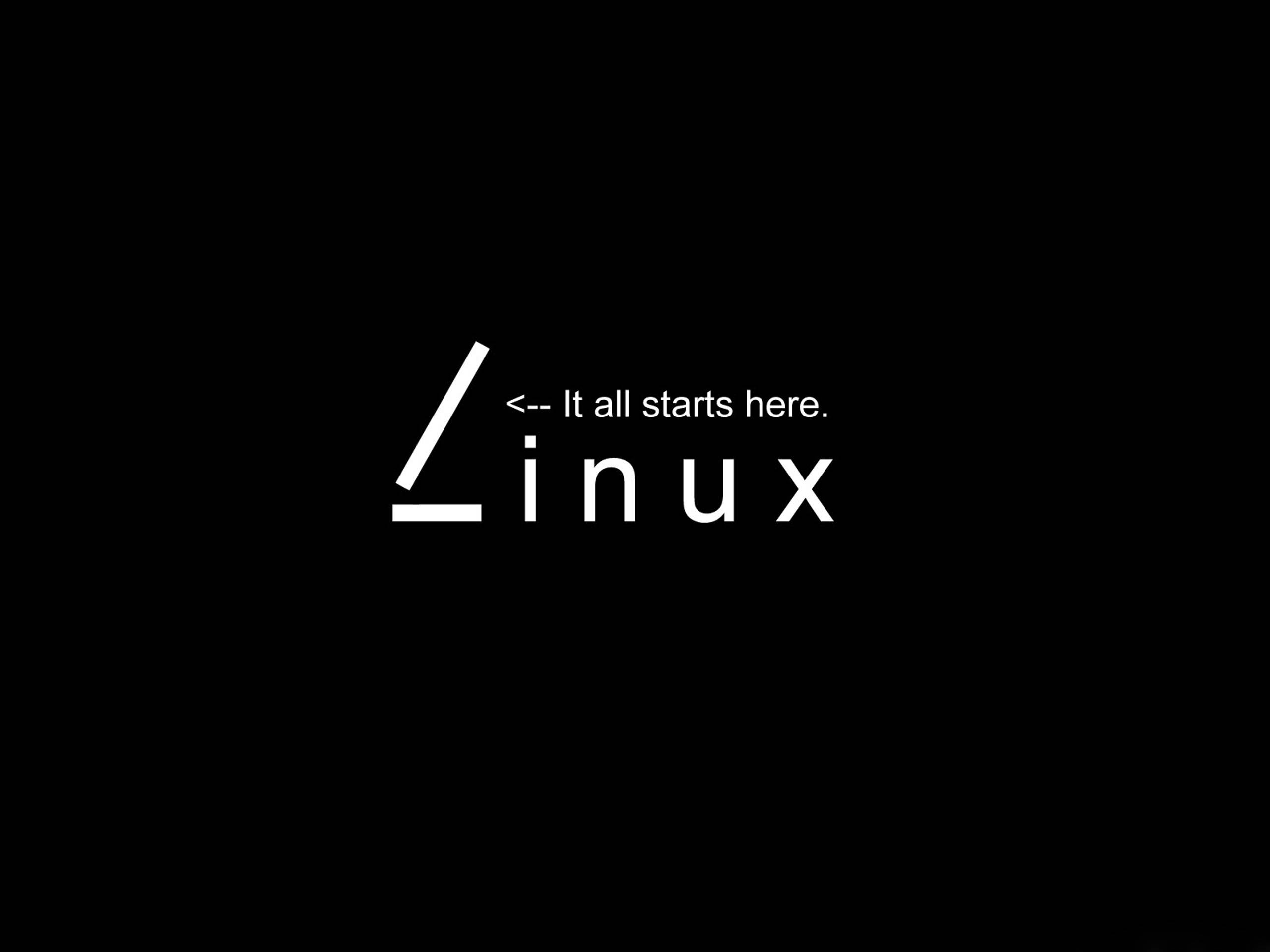 Linux 桌布 壁紙 — 簡約黑色背景，白色文字顯示「Linux」和「It all starts here.」