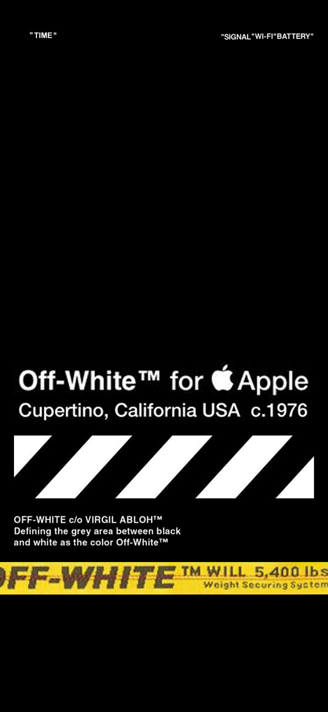 Off White 桌布 壁紙 — 簡約黑色背景，粗體白色和黃色文字及對角線條，推廣Apple用Off-White，主題為1976年加州。