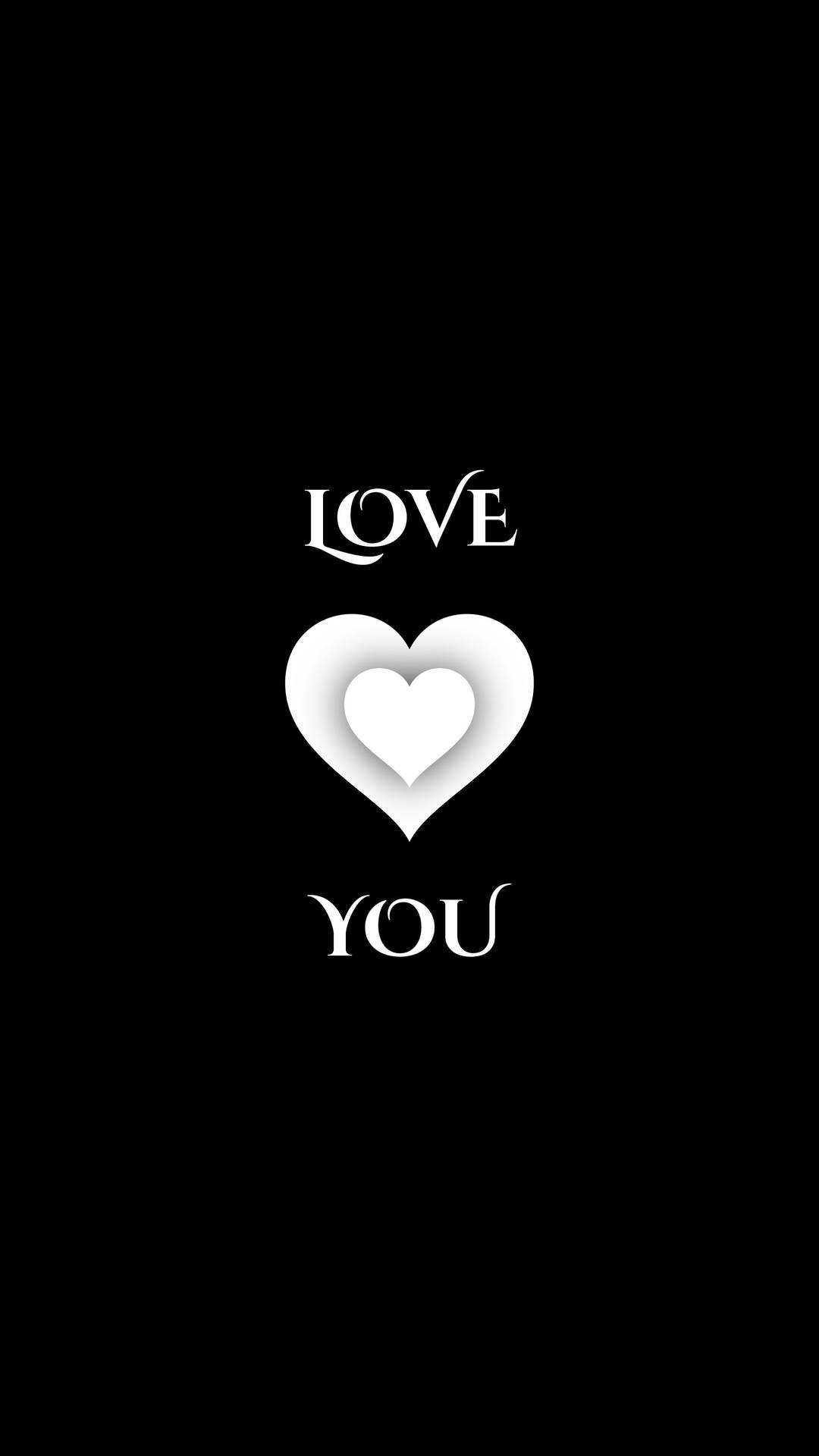 Heart 桌布 壁紙 — 簡約黑色背景上，優雅白色字體的「LOVE」和「YOU」分別位於分層心形圖案的兩側。