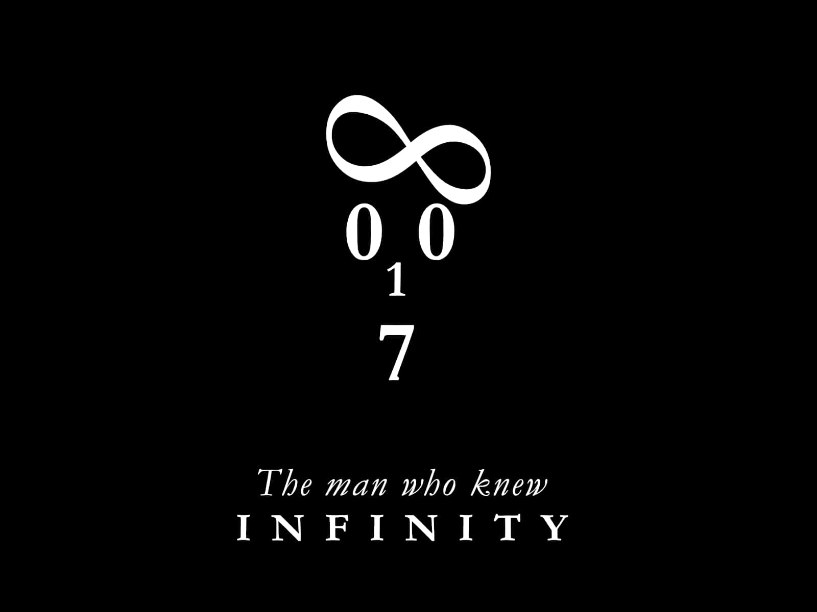 Dark Infinity 桌布 壁紙 — 簡約黑色背景上，數字0 0 1 7上方有一個白色無限符號，以及文字The man who knew INFINITY。