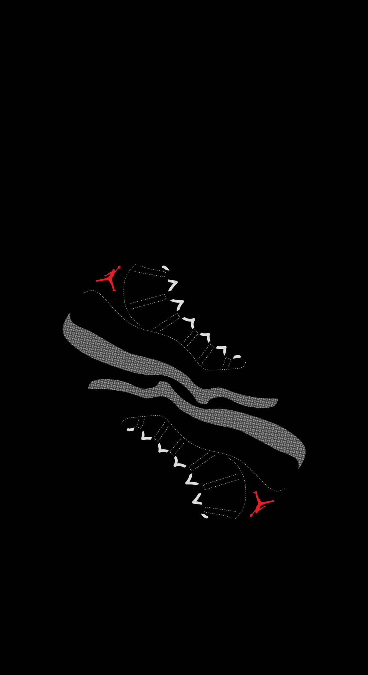Air Jordan 桌布 壁紙 — 簡約黑色背景上，有兩隻灰紅色、帶點狀輪廓的Jordan運動鞋。