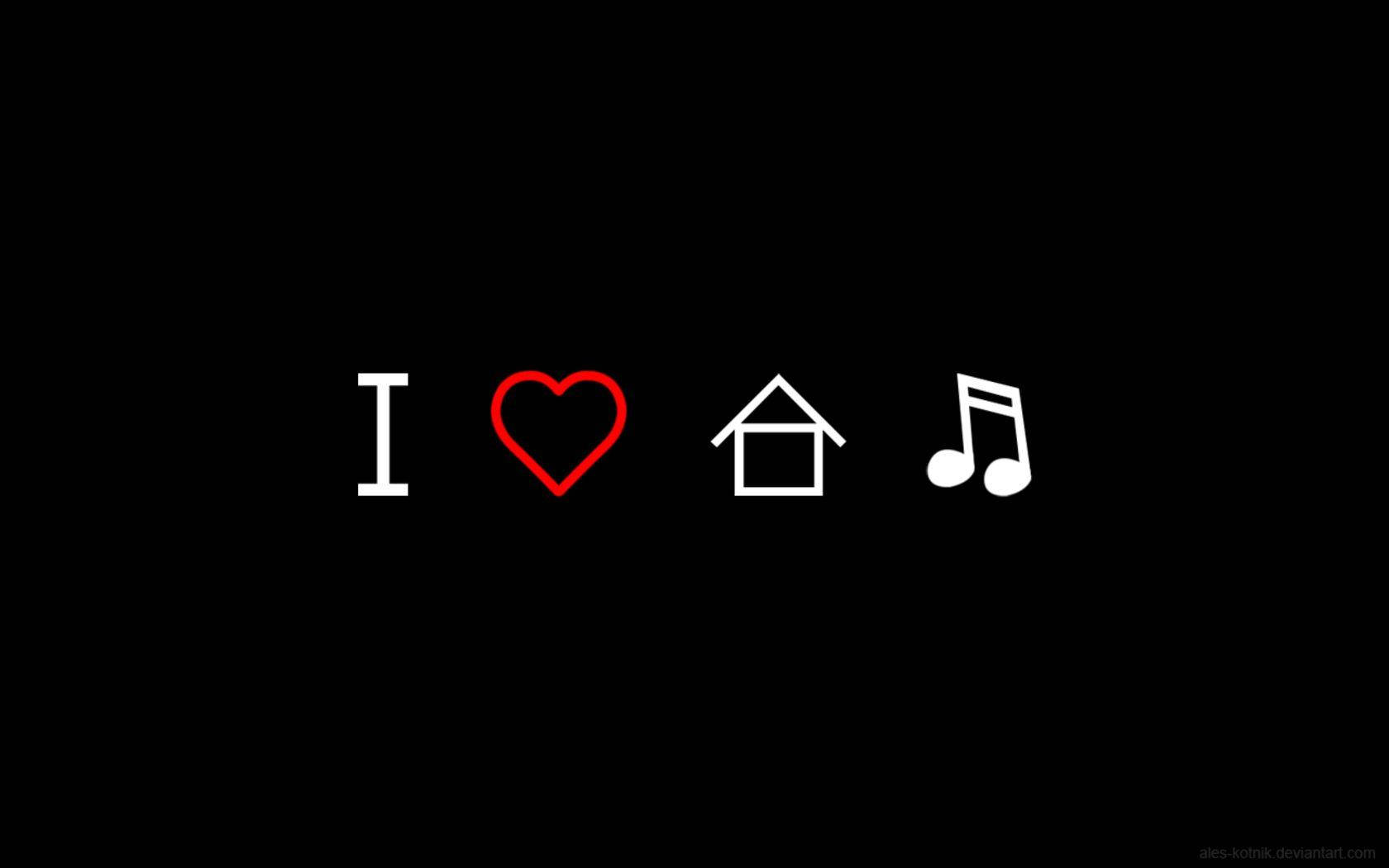 愛情藝術 桌布 壁紙 — 簡約黑色背景上，白色文字和符號拼出「I heart music」，並有一個紅色愛心。