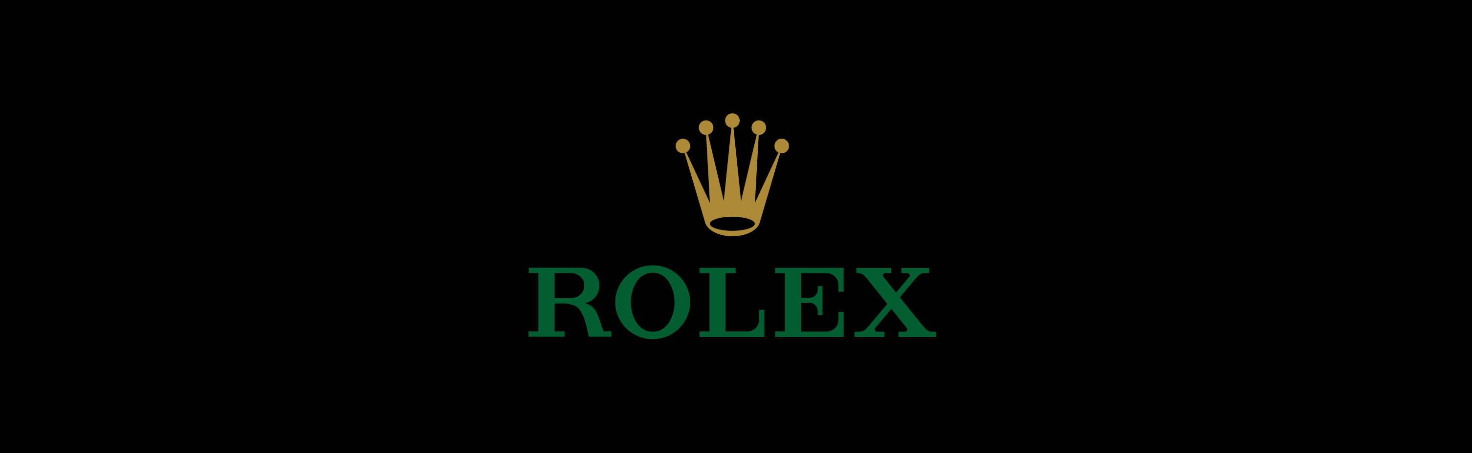 Rolex 桌布 壁紙 — 簡約黑色背景上，金色皇冠標誌位於綠色襯線字體 ROLEX 字樣上方。