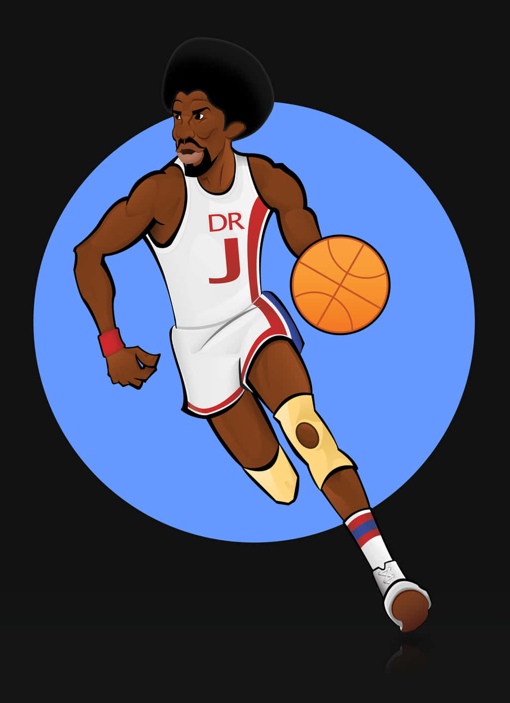 NBA 桌布 壁紙 — 籃球傳奇人物 Dr J 在藍色圓形背景下大步運球的插圖。