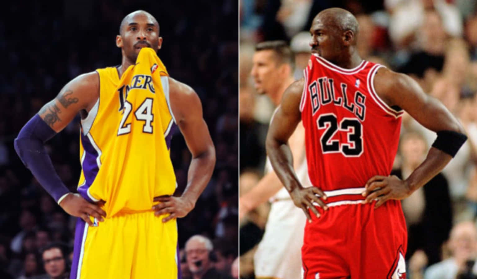 Kobe Bryant And Michael Jordan 桌布 壁紙 — 籃球傳奇人物柯比布萊恩身穿黃色湖人球衣和麥可喬丹身穿紅色公牛球衣並排肖像，兩人都雙手叉腰。