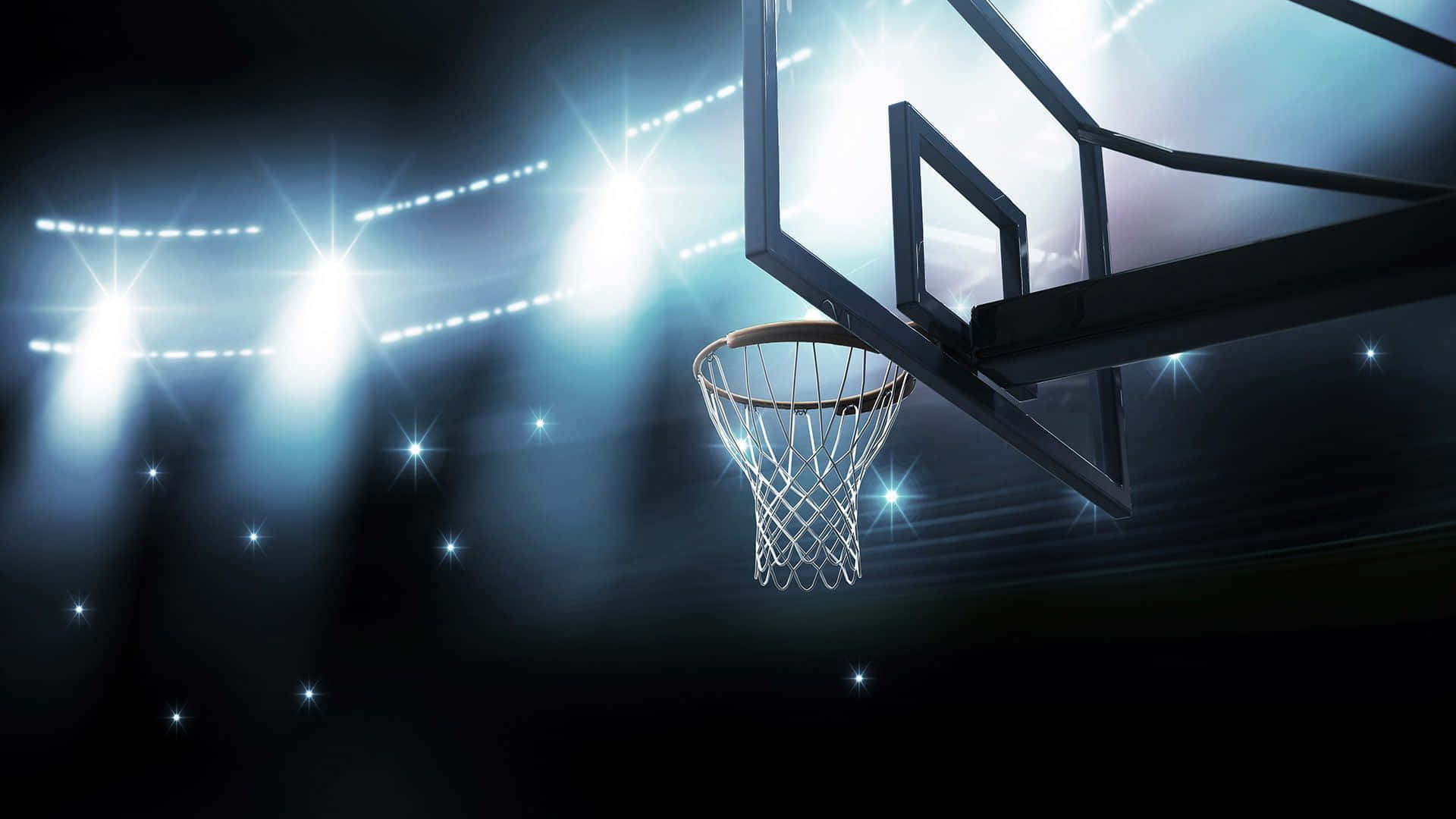 3d Sports 桌布 壁紙 — 籃球框在強烈的體育場燈光下閃耀，背景是黑暗並帶有閃爍星星效果。