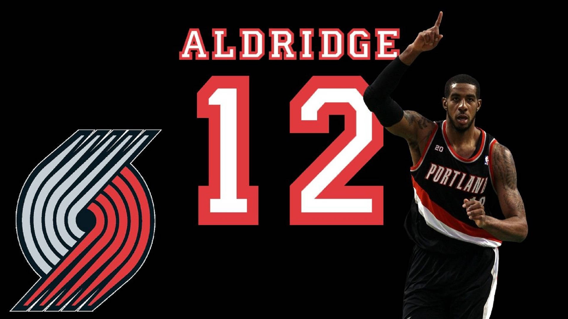 Lamarcus Aldridge 桌布 壁紙 — 籃球運動員 Aldridge 身穿波特蘭拓荒者隊 12 號球衣，在黑色背景上指向上方，並帶有球隊標誌和名稱。