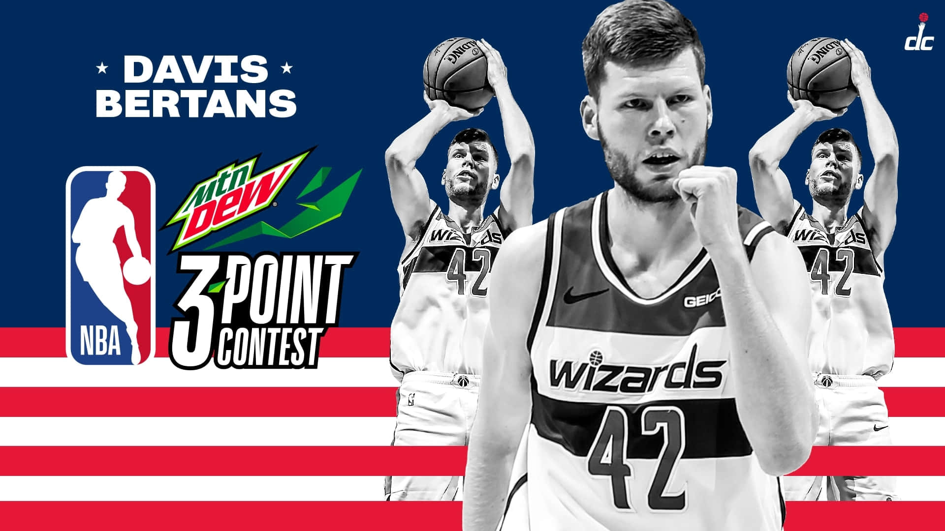 NBA 桌布 壁紙 — 籃球運動員 Davis Bertans 身穿巫師隊球衣，在帶有 NBA 和 Mountain Dew 品牌標誌的愛國紅白藍條紋背景前舉起拳頭擺姿勢。