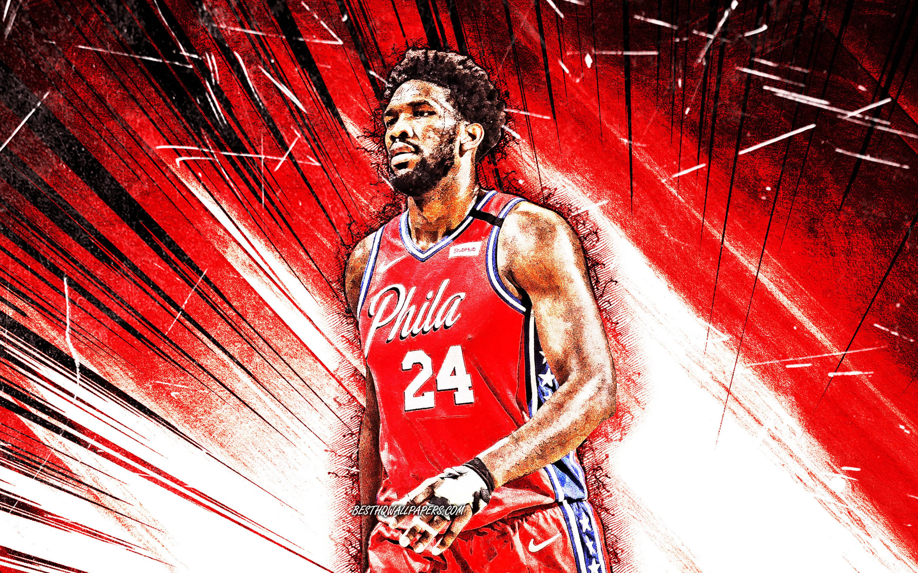 Embiid 桌布 壁紙 — 籃球運動員 Joel Embiid 身穿紅色費城 76 人隊球衣，在醒目的紅白條紋背景下的動態數位藝術肖像。