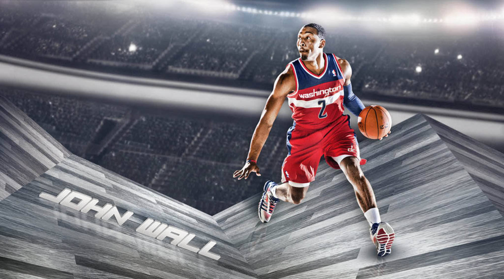 John Wall 桌布 壁紙 — 籃球運動員 John Wall 身穿紅色華盛頓球衣，在刻有他名字的風格化球場上空運球。