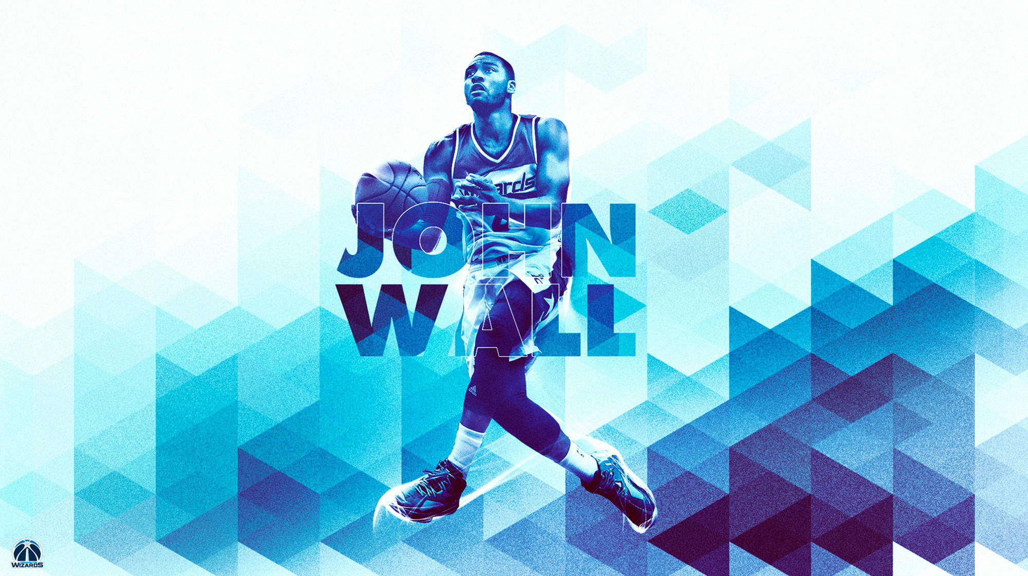 John Wall 桌布 壁紙 — 籃球運動員 John Wall 正在運球，背景為充滿活力的藍色幾何圖案，他的名字以風格化字體顯示在身後。