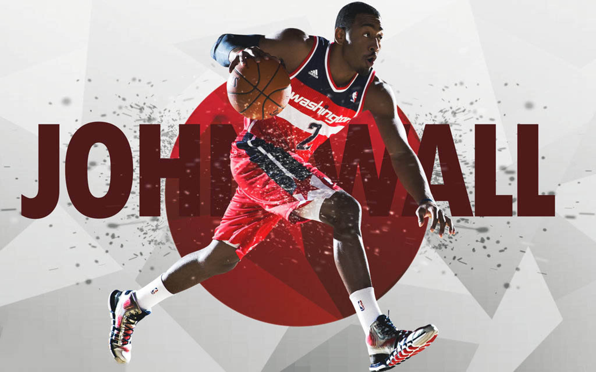John Wall 桌布 壁紙 — 籃球運動員 John Wall 身穿紅色華盛頓球衣，在幾何背景前以動態運球。
