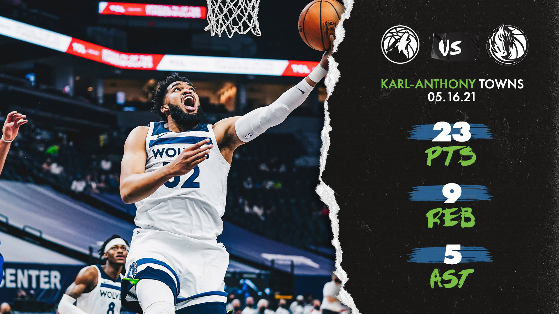 karl-anthony towns 桌布 壁紙 — 籃球運動員 Karl-Anthony Towns 強力灌籃，統計數據突出他在一場比賽中的 23 分、9 籃板、5 助攻。