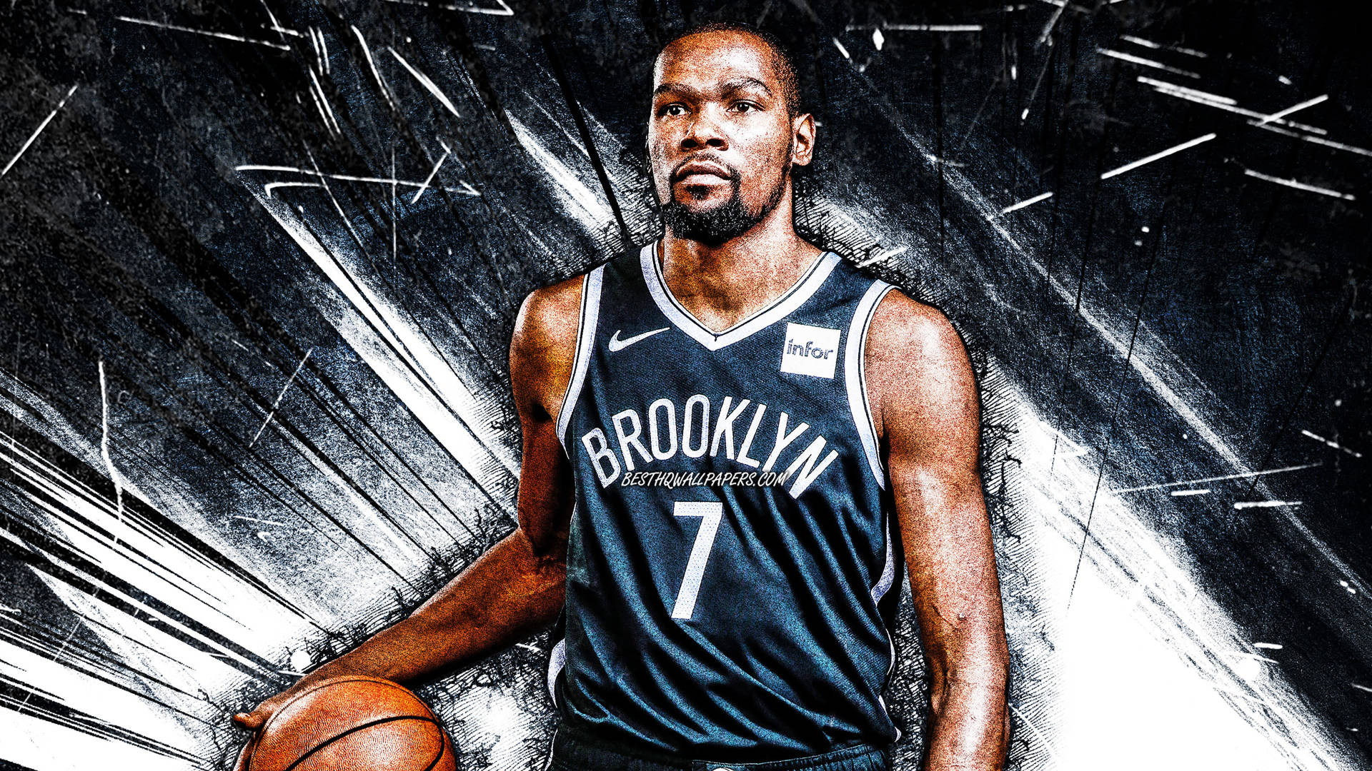 籃球 桌布 壁紙 — 籃球運動員 Kevin Durant 身穿布魯克林籃網隊球衣，在動態黑白抽象背景前持球。